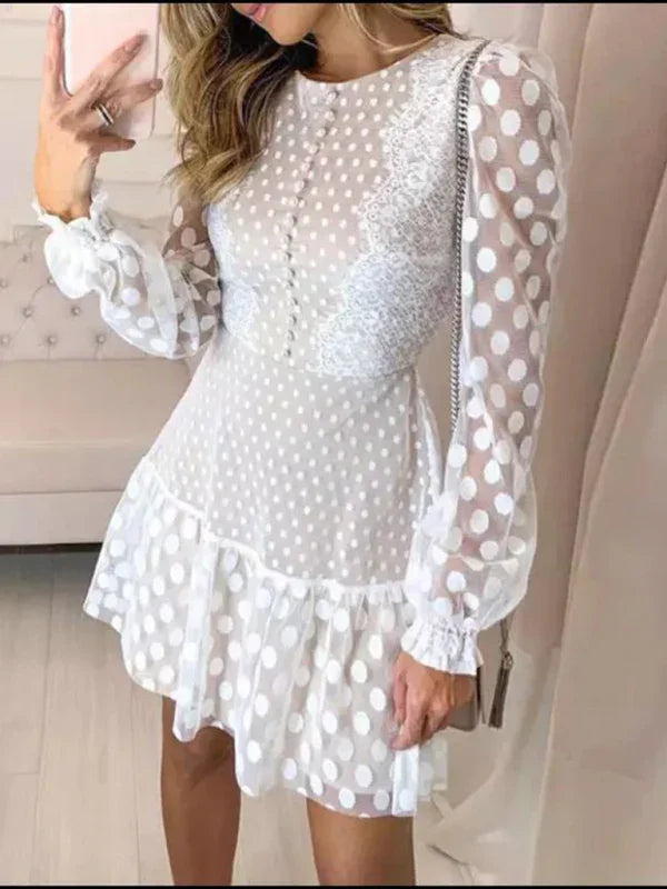 Women Elegant Dotted Lace Mini Dress - Pattern Mini Dress - LeStyleParfait