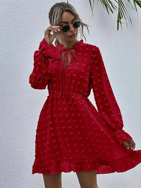 A-line,a-line dress,brunch,brunch dress,casual dress,chiffon,flowy,flowy dress,high-waist dress,jacquard dress,ladies Wrinkle Resistant,long sleeve,long sleeves with ruffle cuffs dress,mini,mini dress,polka dot,polka dot dress,pullover dress,Quick Drying mini dress,ruffle hem dress,ruffled,ruffles,slip-on,spring,spring dress,V-neck,v-neck dress-LeStyleParfait