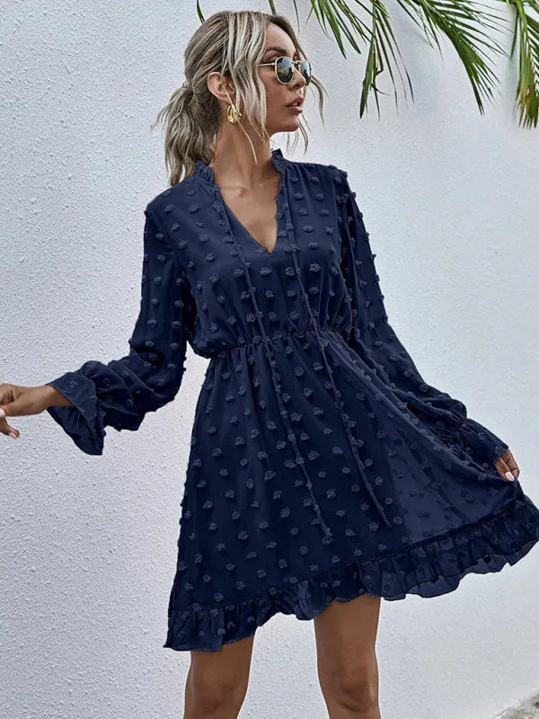 A-line,a-line dress,brunch,brunch dress,casual dress,chiffon,flowy,flowy dress,high-waist dress,jacquard dress,ladies Wrinkle Resistant,long sleeve,long sleeves with ruffle cuffs dress,mini,mini dress,polka dot,polka dot dress,pullover dress,Quick Drying mini dress,ruffle hem dress,ruffled,ruffles,slip-on,spring,spring dress,V-neck,v-neck dress-LeStyleParfait
