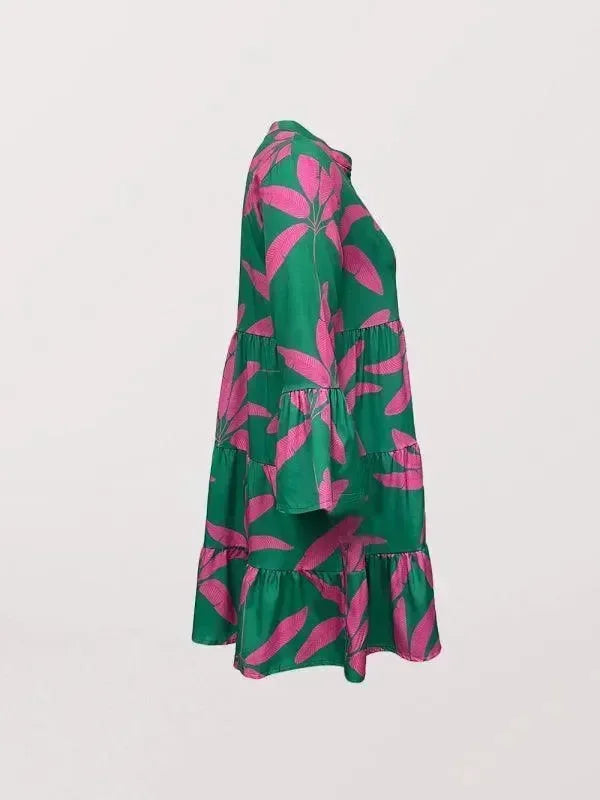 LeStyleParfait Women Dress Mini Dress Midi-Dress Long Sleeves Floral V-Neck-Mini Dress