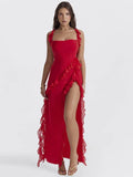 Women Romantic Red Ruffle Fit Maxi Dress - Fit and Flare Maxi Dress - LeStyleParfait