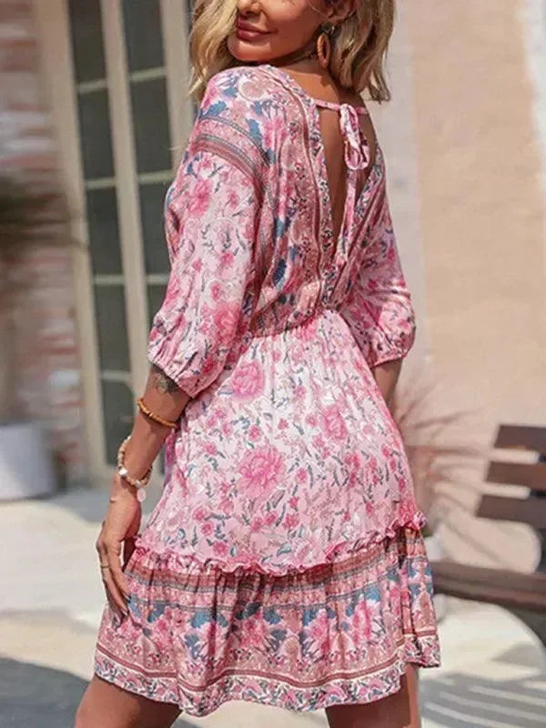 Romantic Floral Chiffon Balloon Mini Dress