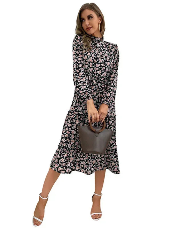Romantic Floral Chiffon Pleated Midi Dress