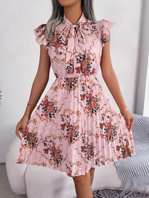Romantic Floral High-Neck Chiffon Midi Dress