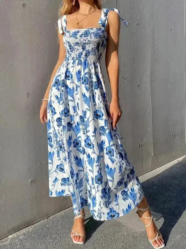 Romantic Green Floral Cotton Midi Dress