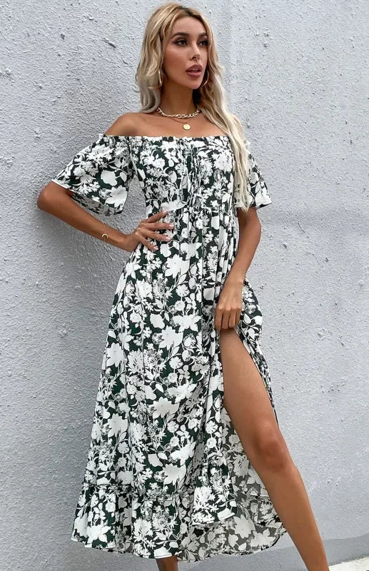 Romantic Green Floral Off Shoulder Midi Dress fashion image