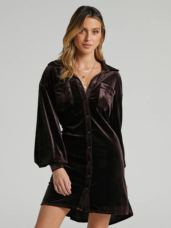 Velvet Shirt Dress - Balloon Sleeves - Shirt Dress - LeStyleParfait