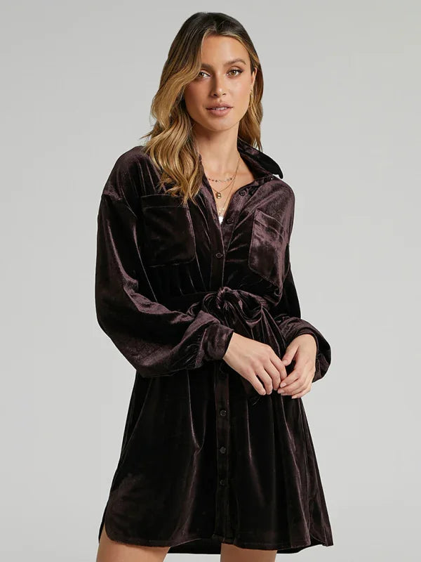 Velvet Shirt Dress - Balloon Sleeves - Shirt Dress - LeStyleParfait