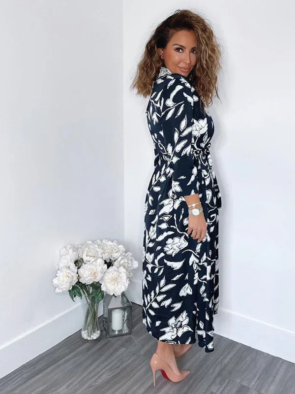 Women Elegant Floral Wrap Midi Dress - Wrap Midi Dress - LeStyleParfait