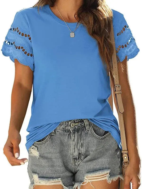 Short Sleeve Solid Lace Knit Women Top - Women Tops - LeStyleParfait