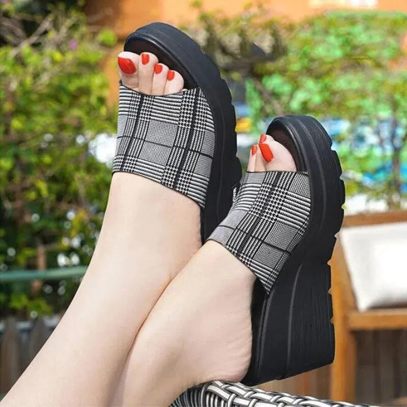 Slip On Plaid Wedge Sandals - Wedge Shoes - LeStyleParfait