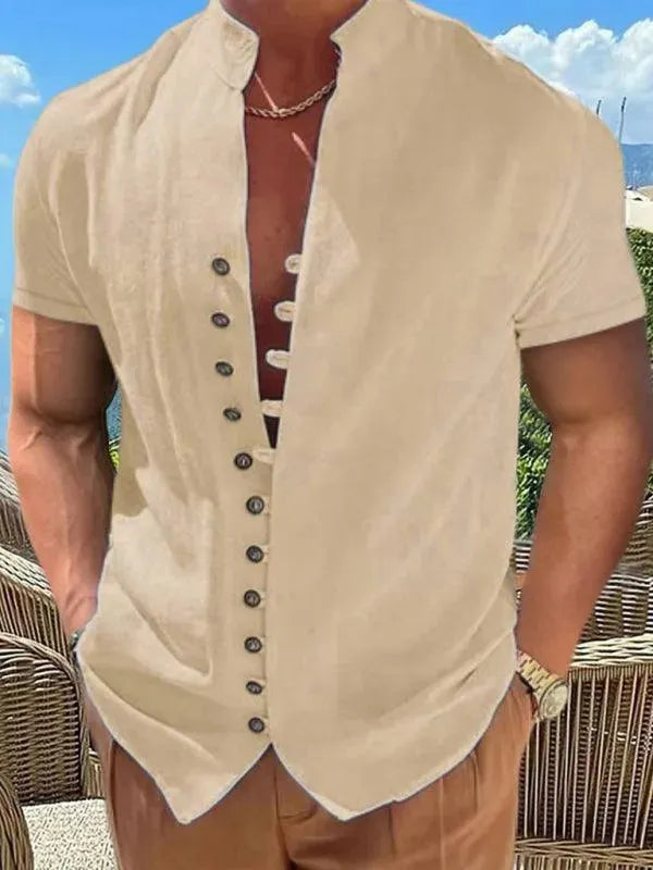 Stand Collar Linen Men Casual Shirt - Linen Shirt - LeStyleParfait