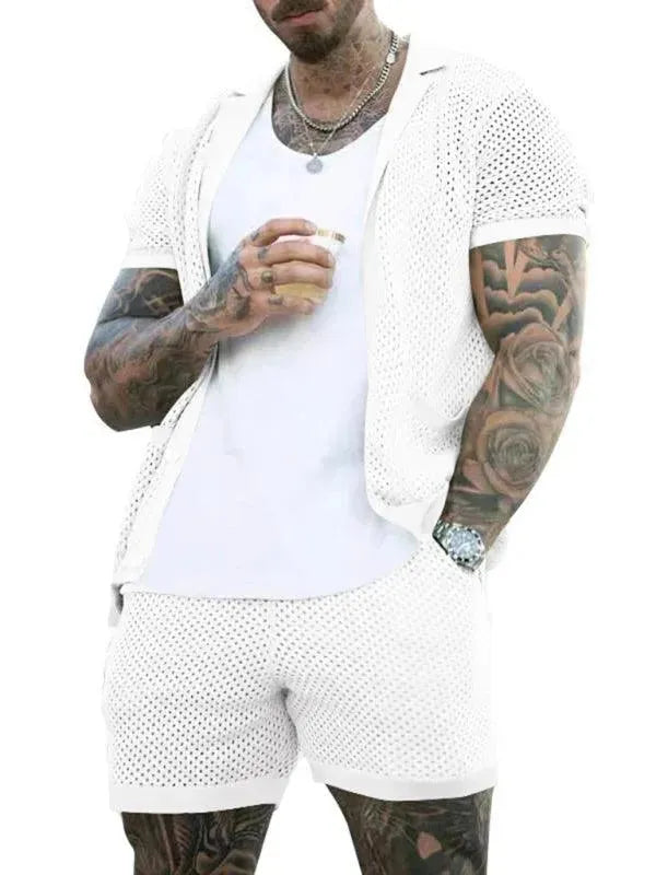 Stylish Mesh Short Sleeve Two-Piece Set - Solid Casual Shorts Two-Piece Set - LeStyleParfait