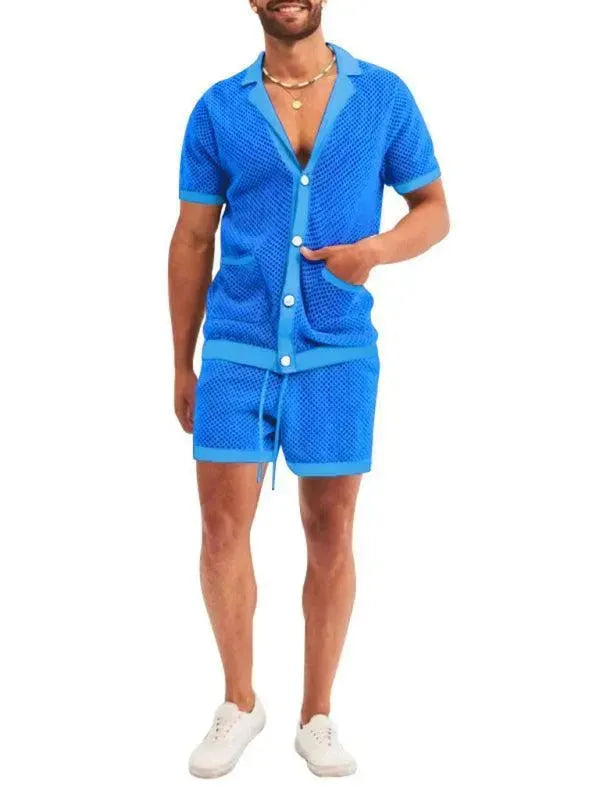 Stylish Mesh Short Sleeve Two-Piece Set - Solid Casual Shorts Two-Piece Set - LeStyleParfait