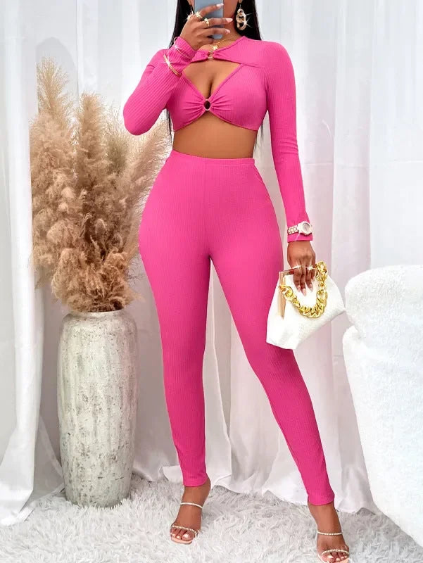 Stylish Women Casual Ribbed Two-Piece Set - Casual Pants Set - LeStyleParfait
