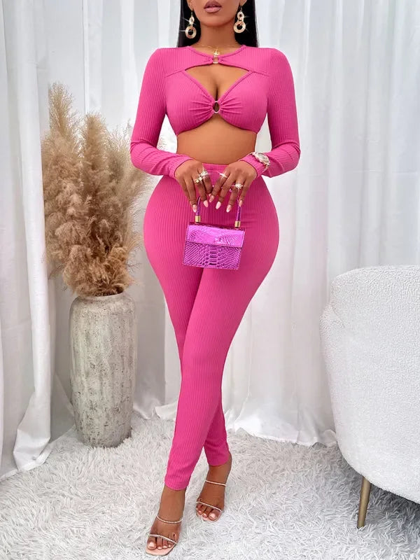 Stylish Women Casual Ribbed Two-Piece Set - Casual Pants Set - LeStyleParfait