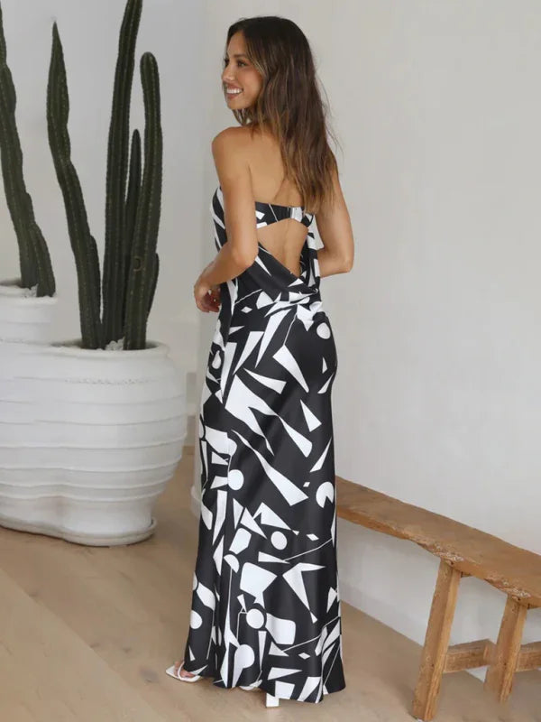 Women Bold Strapless Geometric Maxi Dress - Geometric Maxi Dress - LeStyleParfait