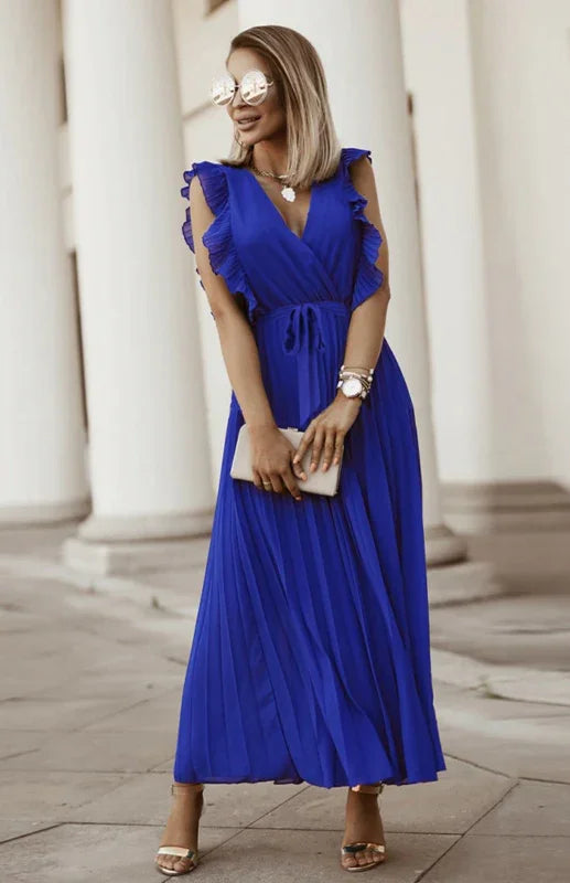 Women Midi Dress Solid V-Neck Ruffle Sleeve Wrap Fit Chiffon Summer Occasion | LeStyleParfait