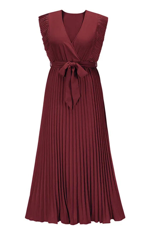 Women Midi Dress Solid V-Neck Ruffle Sleeve Wrap Fit Chiffon Summer Occasion | LeStyleParfait