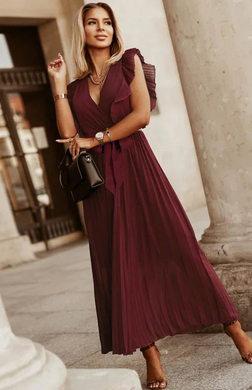 Women Midi Dress Solid V-Neck Ruffle Sleeve Wrap Fit Chiffon Summer Occasion | LeStyleParfait