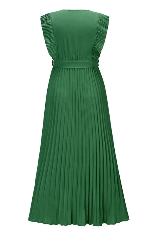 Women Midi Dress Solid V-Neck Ruffle Sleeve Wrap Fit Chiffon Summer Occasion | LeStyleParfait