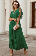 Women Midi Dress Solid V-Neck Ruffle Sleeve Wrap Fit Chiffon Summer Occasion | LeStyleParfait