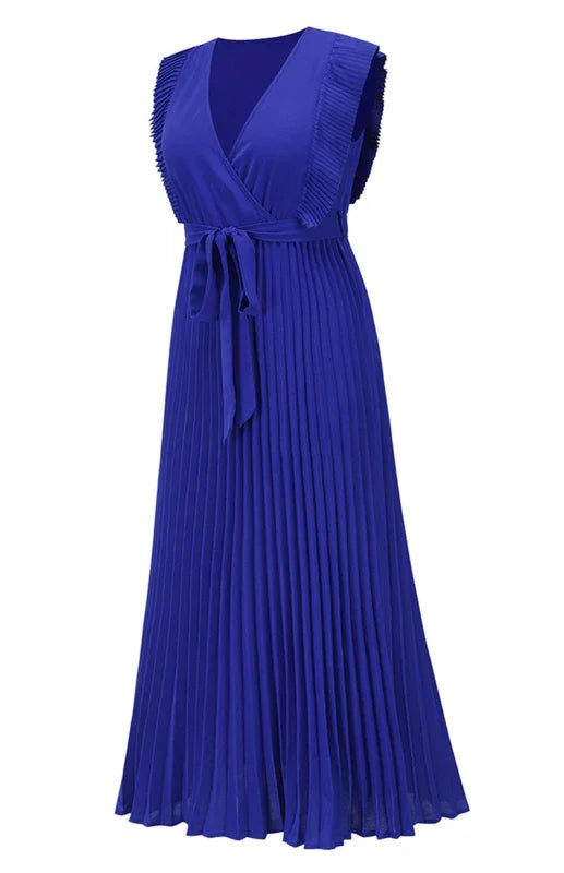 Women Midi Dress Solid V-Neck Ruffle Sleeve Wrap Fit Chiffon Summer Occasion | LeStyleParfait