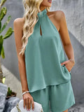 Trendy Teal Casual Halter Two-Piece Set - Halter Shorts Set - LeStyleParfait