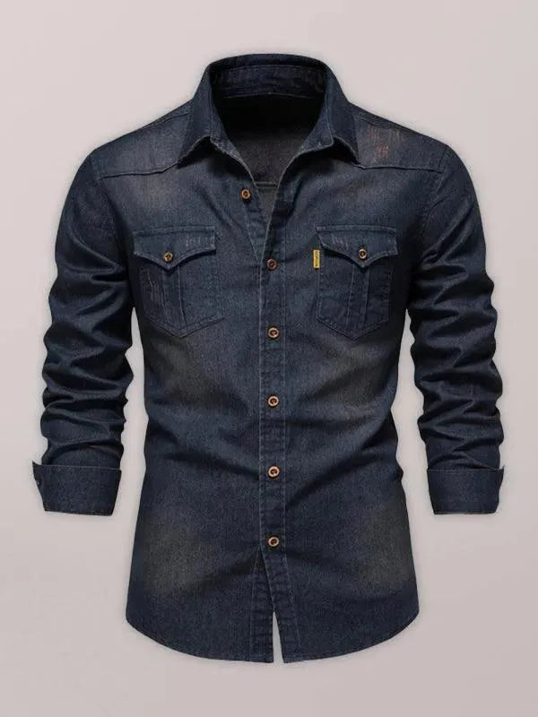 Two-Pocket Denim Men Shirt - Long Sleeve Shirt - LeStyleParfait