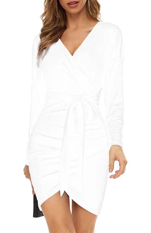 Women Dress Solid V-Neck Long Sleeves Slim Fit Velvet Winter Cocktail | LeStyleParfait