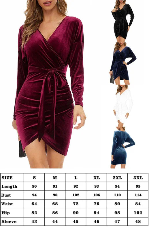 Women Dress Solid V-Neck Long Sleeves Slim Fit Velvet Winter Cocktail | LeStyleParfait