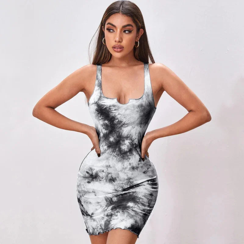 Women Bold Tie-Dye Square Neck Mini Dress - Tie-Dye Mini Dress - LeStyleParfait