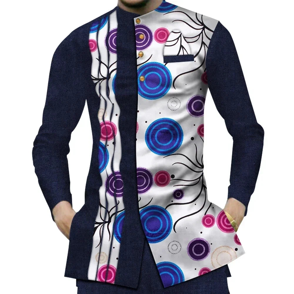 White Blue African Patchwork Shirt-Men Shirts-LeStyleParfait