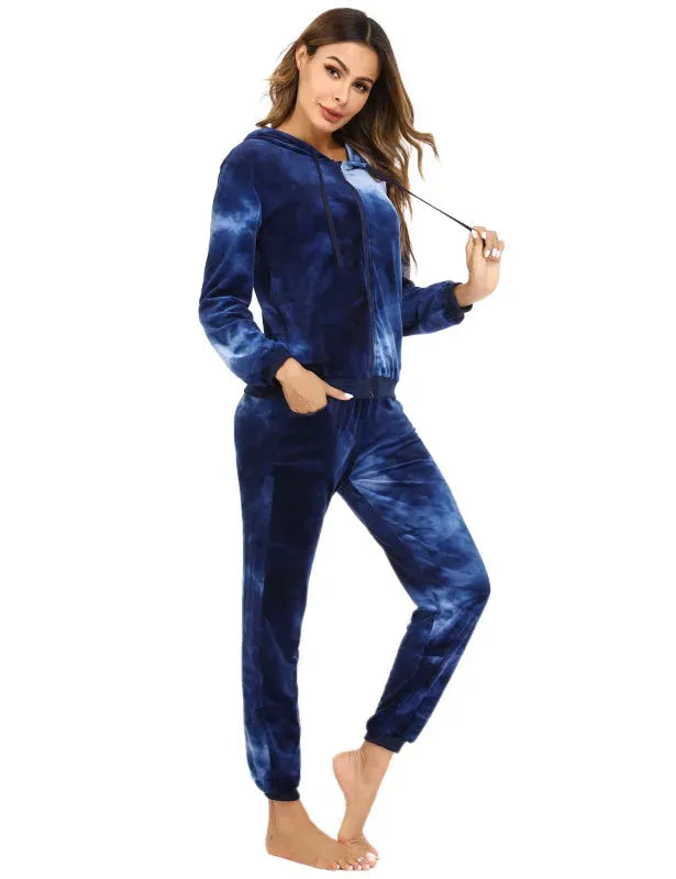 Women Casual Velvet Tie & Dye Two-Piece Jogger Set - Casual Jogger Set - LeStyleParfait