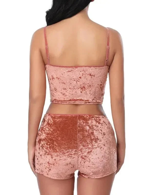 Women Casual Velvet Two-Piece Shorts Set - Casual Shorts Set - LeStyleParfait