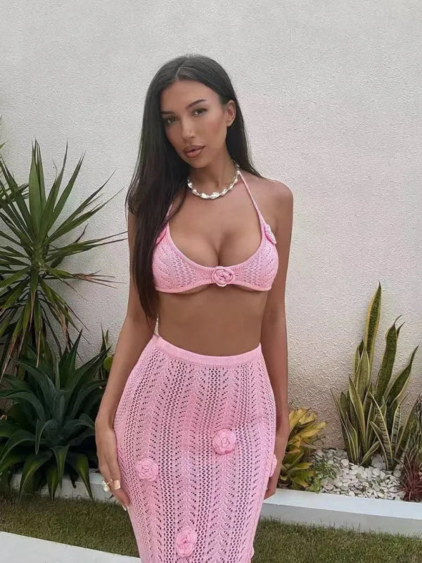 Women Floral Halter Skirted Bikini Set