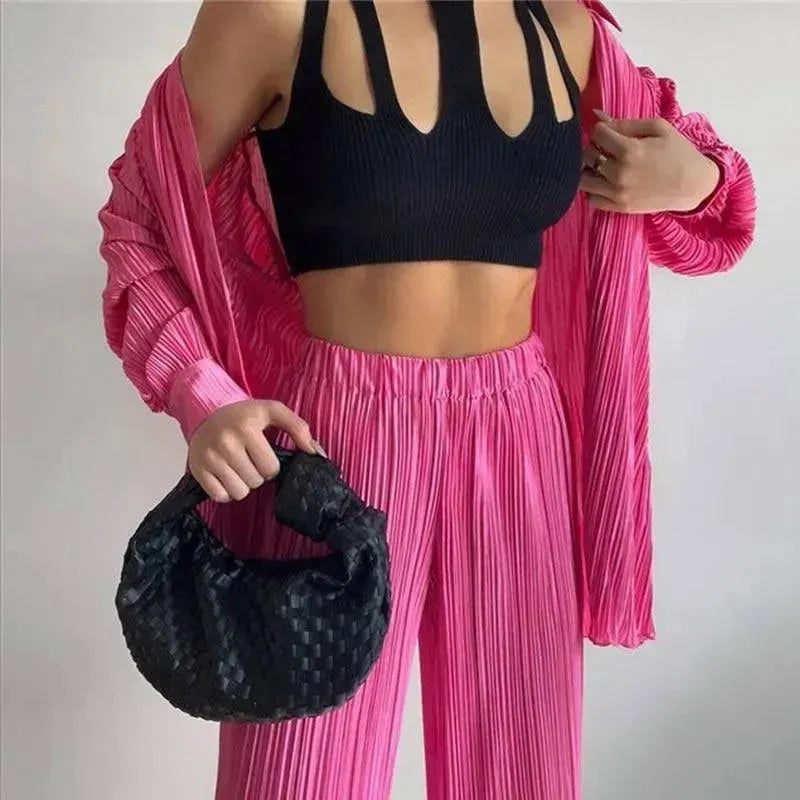 Women Pleated Two-Piece Pants Set - Pleated Pants Set - LeStyleParfait