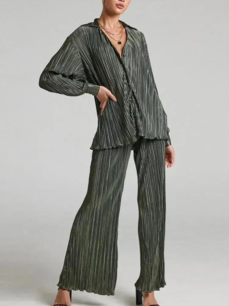 Women Pleated Two-Piece Pants Set - Pleated Pants Set - LeStyleParfait