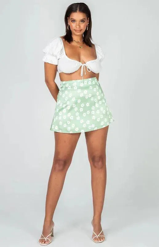 Women's High Waist Satin Printed A-Line Mini Skirt - A-Line Mini Skirt - LeStyleParfait