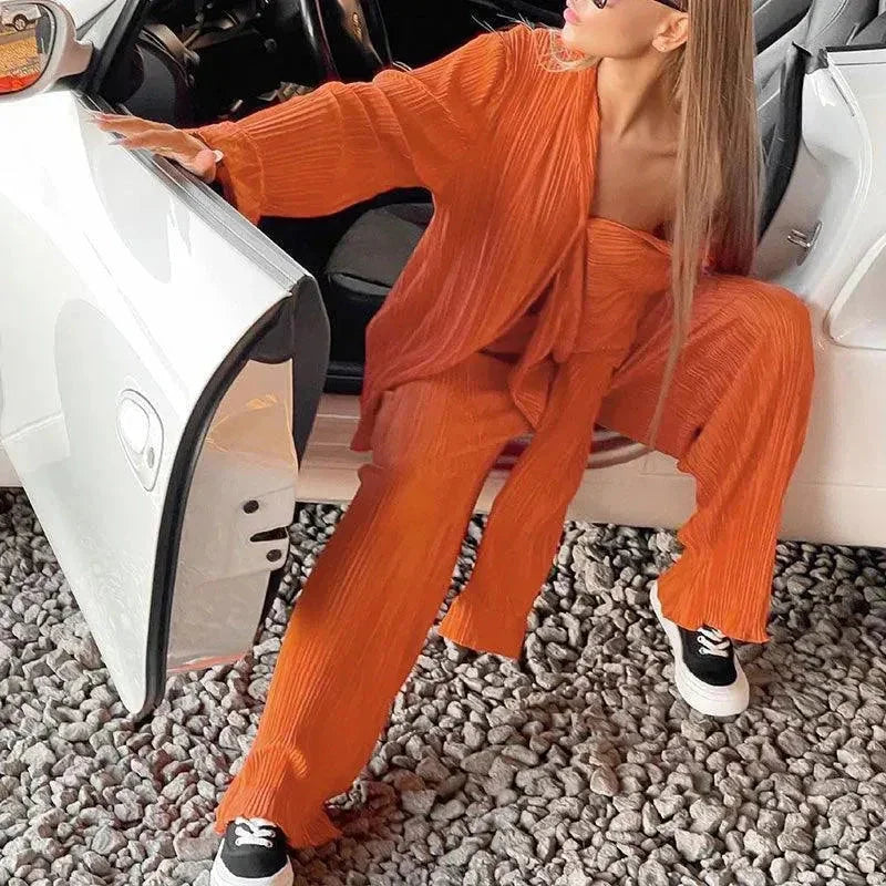 Women Vibrant Pleated Two-Piece Pants Set - Pleated Pants Set - LeStyleParfait