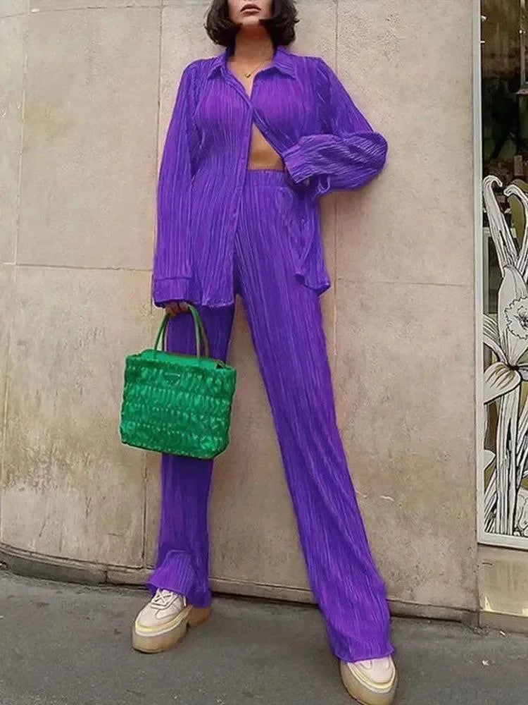 Women Vibrant Pleated Two-Piece Pants Set - Pleated Pants Set - LeStyleParfait