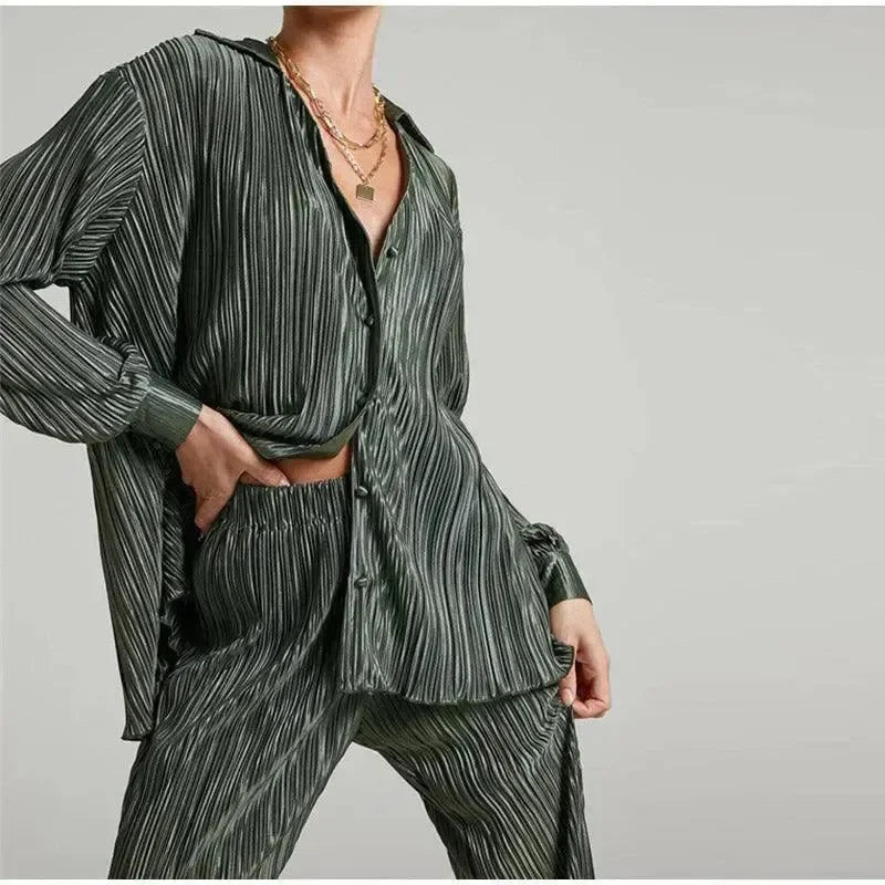 Women Vibrant Pleated Two-Piece Pants Set - Pleated Pants Set - LeStyleParfait