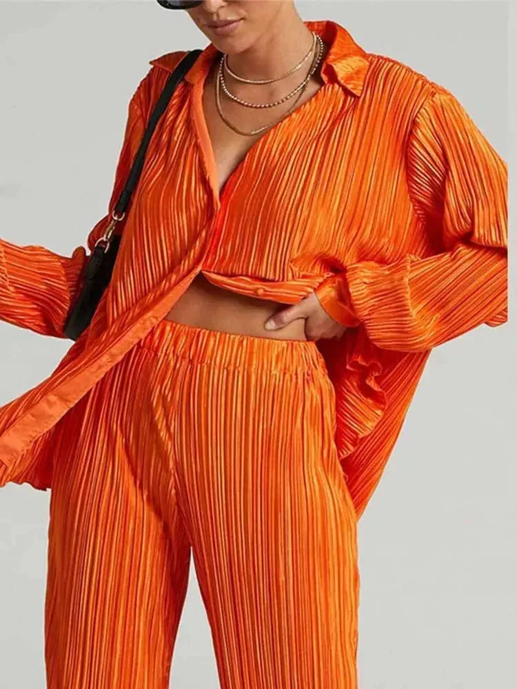 Women Vibrant Pleated Two-Piece Pants Set - Pleated Pants Set - LeStyleParfait