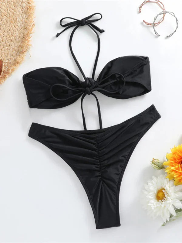 Women White Bandeau String Bikini Set