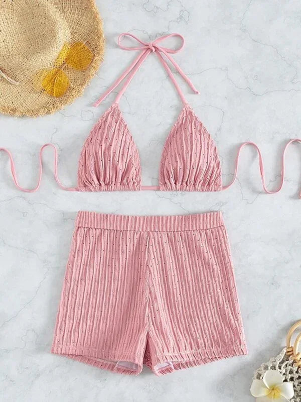 Women White Bikini With Swim Shorts Set