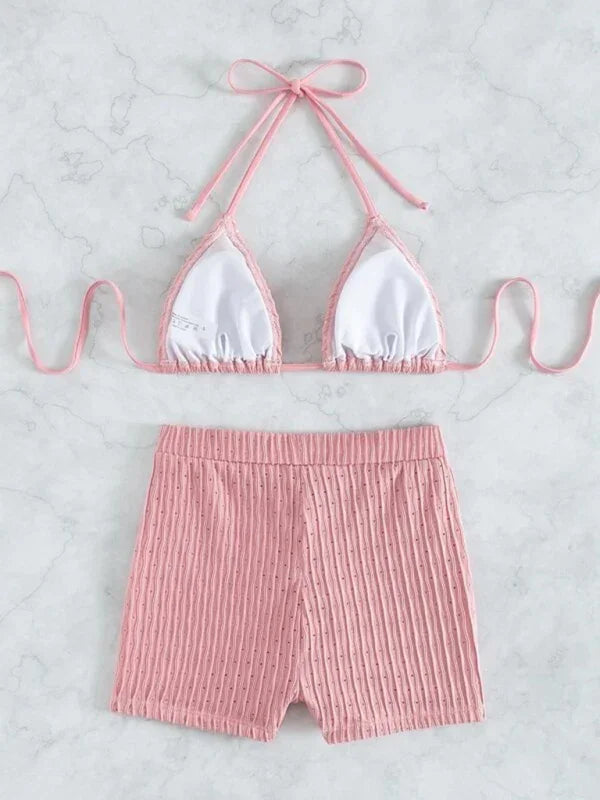 Women White Bikini With Swim Shorts Set