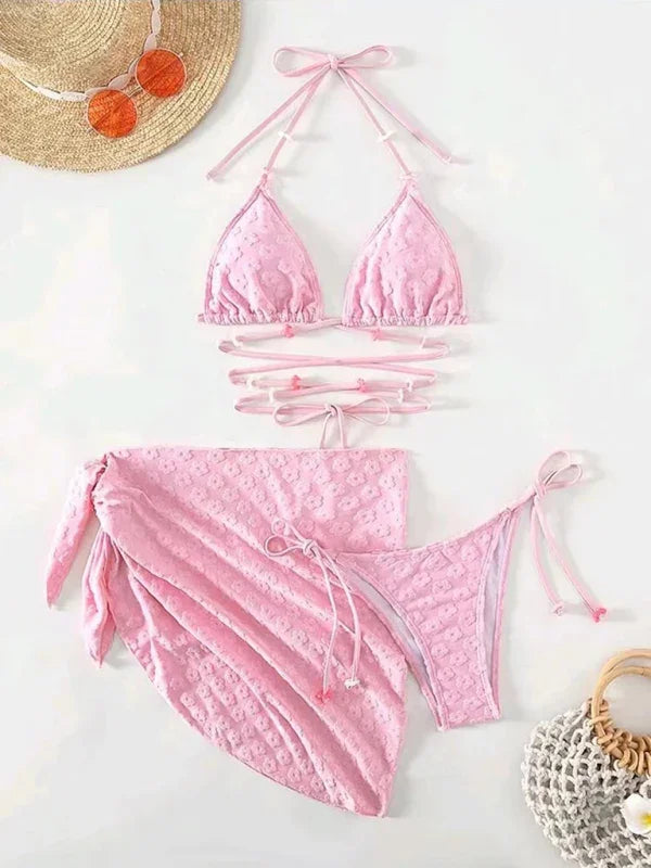 Women White Floral Triangle Bikini Set