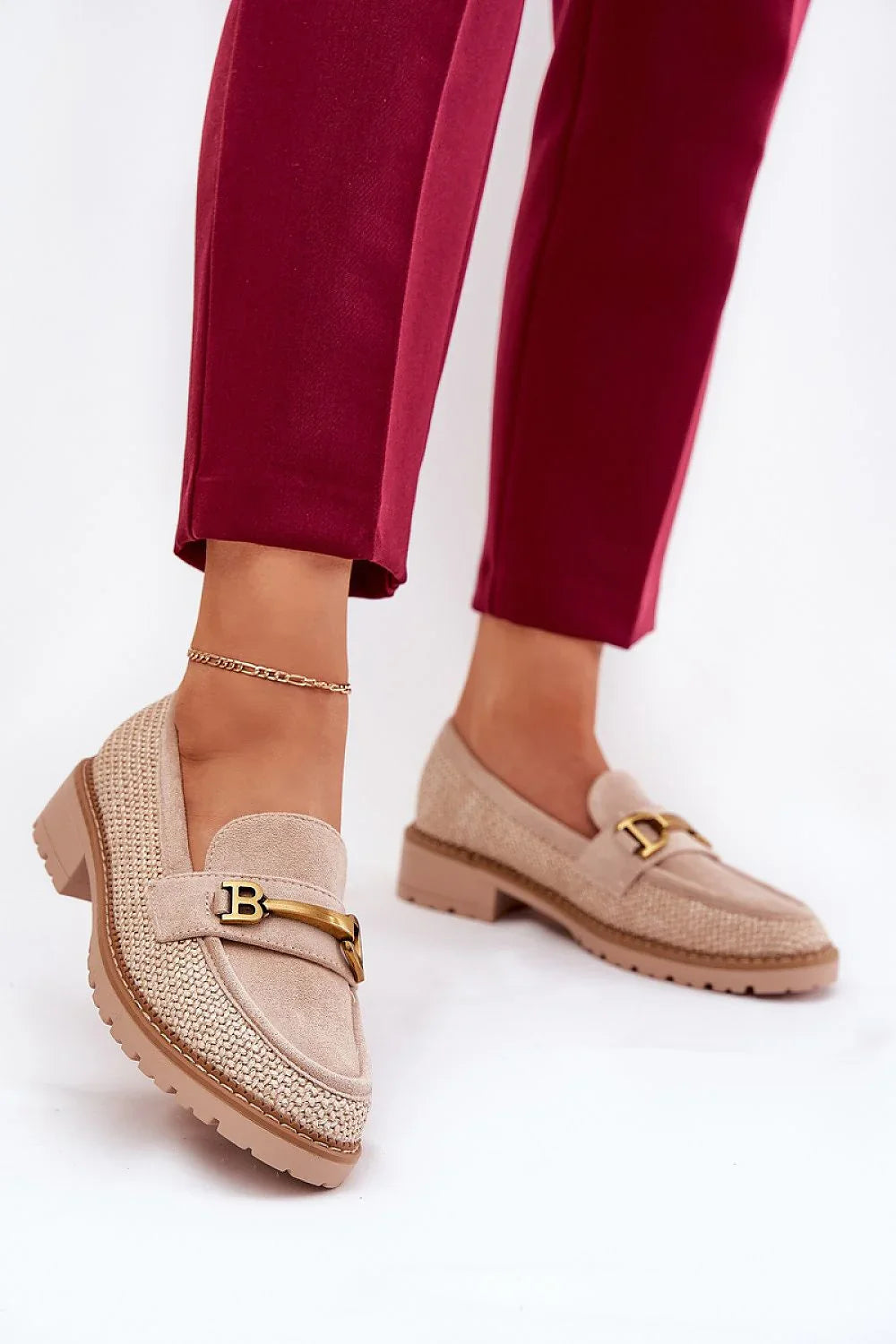 Women’s beige eco suede block heel moccasin loafers, decorative braid women’s loafers for daily wear
