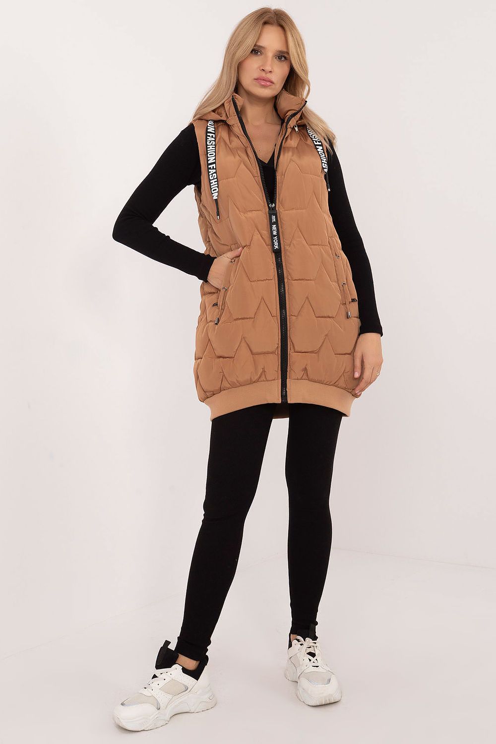 Women's Beige Longline Hooded Quilted Vest-Women's Vest-beige-s-LeStyleParfait