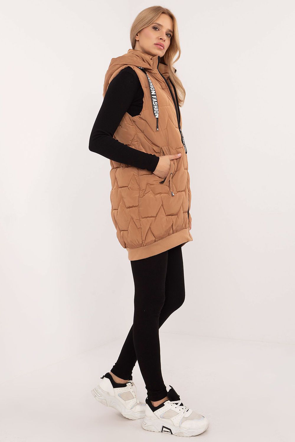 Women's Beige Longline Hooded Quilted Vest-Women's Vest-beige-s-LeStyleParfait